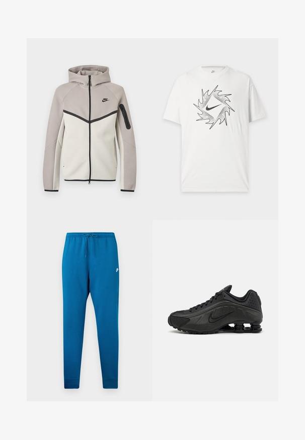 Sudadera con capucha Nike bicolor en beige y gris claro con cremallera, capucha, cremallera negra, bolsillo en la manga y logo Nike negro en el pecho.; Camiseta blanca de manga corta Nike con un diseño circular abstracto en negro y el logo central Nike swoosh en el frente.; Pantalones deportivos azul con cintura elástica y cordón ajustable. Presenta un logo blanco en el muslo y puños ajustados en los tobillos.; Zapatillas de running negras con un upper sintético liso, detalles perforados, paneles laterales texturizados y una suela distintiva y elástica.