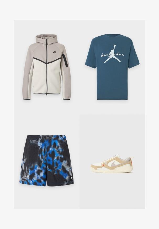 Dvojfarebná béžovo-sivá mikina Nike na zips s kapucňou, čiernym zipsom, vreckom na rukáve a čiernym logom Nike na hrudi.; Modré bavlnené tričko s krátkymi rukávmi a okrúhlym výstrihom. Na tričku je veľká biela grafika skákajúcej postavy a pod ňou nápis „Air Jordan“.; Čierne športové šortky s modro-šedým abstraktným vzorom, elastickým pásom a logami Nike Air na spodnej ľavej a pravej strane.; Biele a béžové tenisky s sieťovinovými a semišovými panelmi, sivými akcentmi, červeným logom a oranžovým ťahacím pútkom. Zaoblený špičkový dizajn a tlmená podrážka.