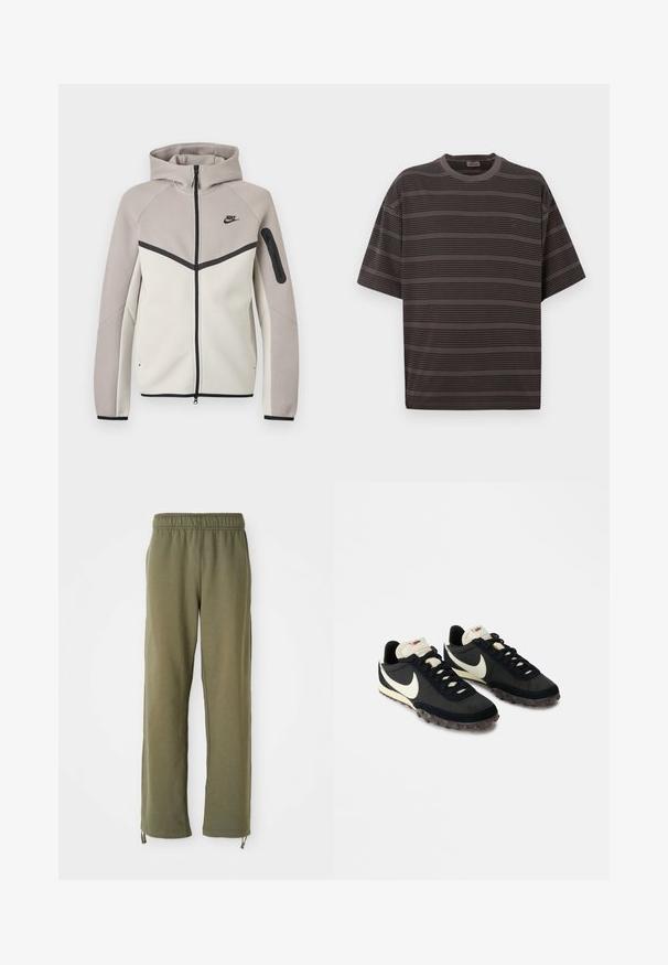 Kahes toonis beež ja helehall Nike lukuga dressipluus kapuutsiga, must lukustus, varrukatasku ja must Nike logo rinnal.; Hallide lühikeste varrukatega T-särk, millel on horisontaalsed triibud, ümmargune kaelus ja avar lõike. Sile tekstuur ja diskreetne brändi logo rinnal.; Olive roheline, puuvillased dressipüksid elastse vöökoha, sirgete jalgade ja reguleeritavate paeltega pahkluudel. Pehme tekstuur, päevane disain.; Mustad mustandiga spordijalatsid, valge Swooshi logo ja kummist tallaga, millel on väiksed konarused haarde tagamiseks. Kreemivärvi kael.