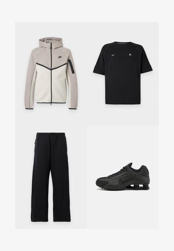 Kahes toonis beež ja helehall Nike lukuga dressipluus kapuutsiga, must lukustus, varrukatasku ja must Nike logo rinnal.; Must Nike lühikeste varrukatega spordisärk valge kaarelogoga vasakul rinnal ja väike ruudukujuline embleem paremal rinnal, ühevärviline taust.; Mustad mustad, pehmest kangast, tõmbluku ülesehitusega, laiad jalad ja küljetaskud, mis omavad siledat tekstuuri.; Mustad mustat jooksujalad, millel on sile sünteetiline ülemus, perforatsioonid, tekstureeritud külgpaneelid ja eristuv elastne tall.