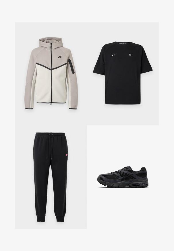 Tofarvet beige og lysegrå Nike hættetrøje med lynlås, hætte, sort lynlås, lomme på ærmet og sort Nike-logo på brystet.; Sort Nike sportstrøje med korte ærmer med hvid swoosh-logo på venstre bryst og lille firkantet emblem på højre bryst, ensfarvet baggrund.; Sorte svedbukser lavet af blødt stof med elastisk talje, justerbar snøre og et lille pink Nike-logo på venstre side.; Sort og mørkegrå Nike løbesko med mesh-stof, ruskindsoverlejring, polstret sål og synlige luftenheder i hæl og forfod.