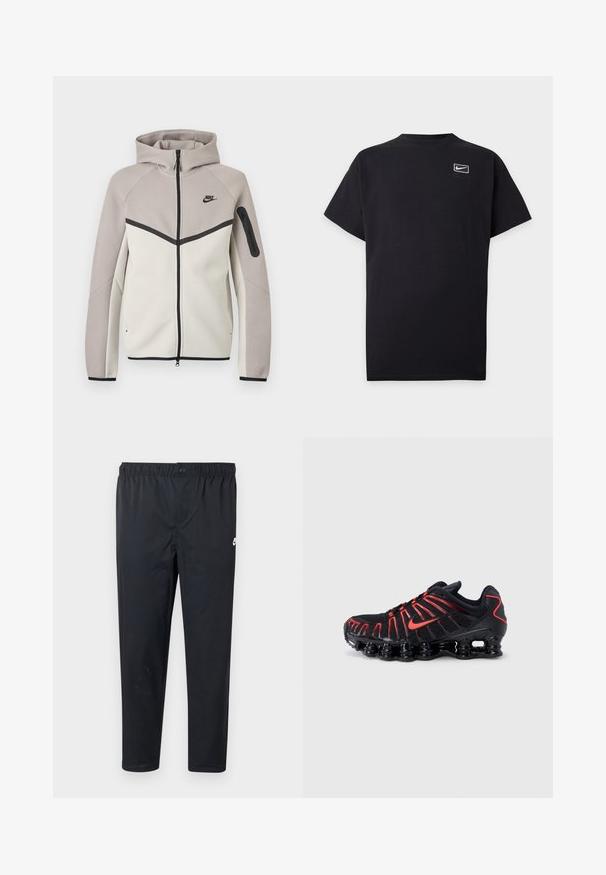 Sudadera con capucha Nike bicolor en beige y gris claro con cremallera, capucha, cremallera negra, bolsillo en la manga y logo Nike negro en el pecho.; Camiseta negra de manga corta de Nike con pequeño logo blanco de Nike swoosh dentro de un contorno rectangular en el pecho izquierdo.; Pantalones deportivos negros con cintura elástica y cierre de botón, con un pequeño logo blanco de Nike en la parte superior del muslo izquierdo.; Zapatos deportivos negros con detalles en rojo, que cuentan con una parte superior de malla texturizada, un diseño ondulado único y una suela moldeada y acolchada.