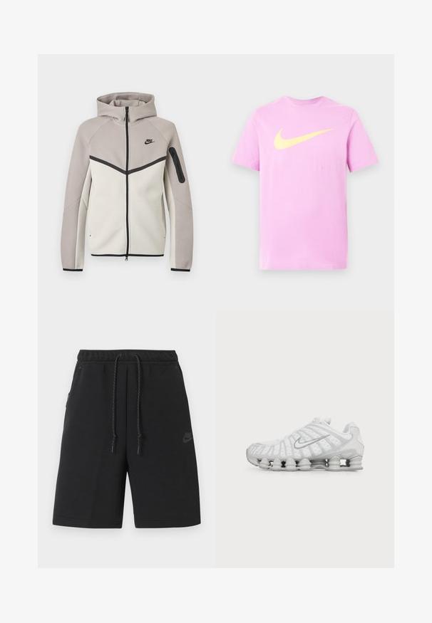 Sweat à capuche zippé bicolore beige et gris clair Nike, avec capuche, fermeture éclair noire, poche sur la manche et logo Nike noir sur la poitrine.; T-shirt à manches courtes violet clair avec un grand logo Nike en forme de virgule jaune centré sur la poitrine.; Shorts de sport noirs Nike avec taille élastique, cordon de serrage, poches latérales et logo discret sur la cuisse gauche.; Chaussure de running blanche Nike avec semelle à coussin d’air visible et logo swoosh argenté sur le côté, vue de l'extérieur.
