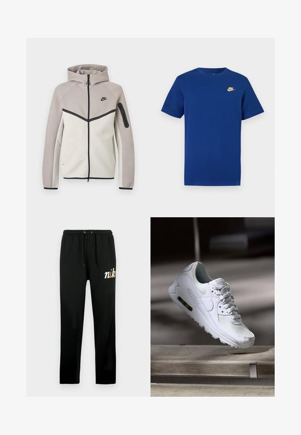 Δίχρωμο μπεζ και ανοιχτό γκρι φούτερ με φερμουάρ Nike, με κουκούλα, μαύρο φερμουάρ, τσέπη στο μανίκι και μαύρο λογότυπο Nike στο στήθος.; Μπλούζα σε ναυτικό μπλε με κοντά μανίκια, μικρό κίτρινο λογότυπο Nike στην αριστερή πλευρά του στήθους και στρογγυλή λαιμόκοψη.; Μαύρη φόρμα κατασκευασμένη από μαλακό ύφασμα, με ελαστική μέση και κορδόνια, στενά μπατζάκια και χρυσή κεντημένη στάμπα "nike".; Λευκό αθλητικό παπούτσι Nike Air Max 90 με άνω μέρος από διχτυωτό και δερμάτινο υλικό, τρυπητό μπροστινό μέρος και ορατή μονάδα αέρα στη φτέρνα.