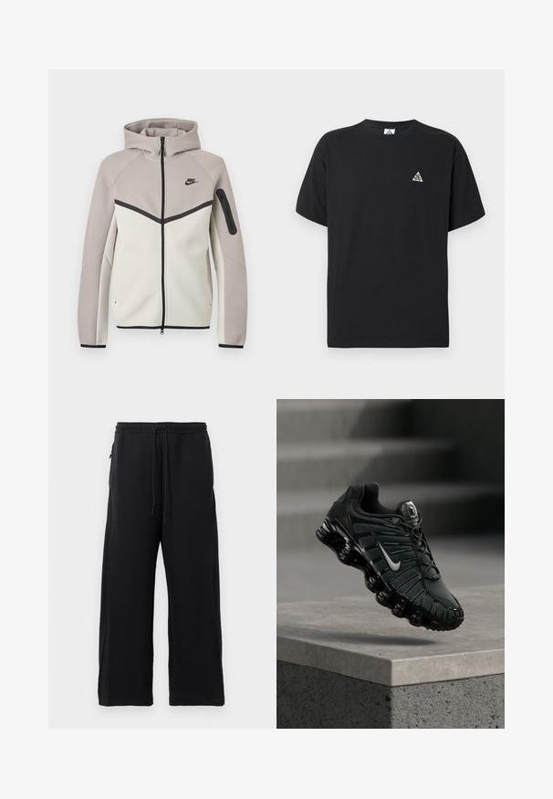 Tweekleurige beige en lichtgrijze Nike zip-up hoodie met capuchon, zwarte rits, mouwzakje en zwart Nike-logo op de borst.; Zwart T-shirt met korte mouwen en een klein wit driehoekig logo op de linkerborst.; Zwarte joggingbroek van zacht materiaal, met een verstelbare tailleband, een wijdere broekspijpenontwerp en zijzakken met een gladde textuur.; Zwarte en donkergrijze Nike hardloopschoen met wit swoosh-logo, zwevend boven een betonnen richel met trappen op de achtergrond.