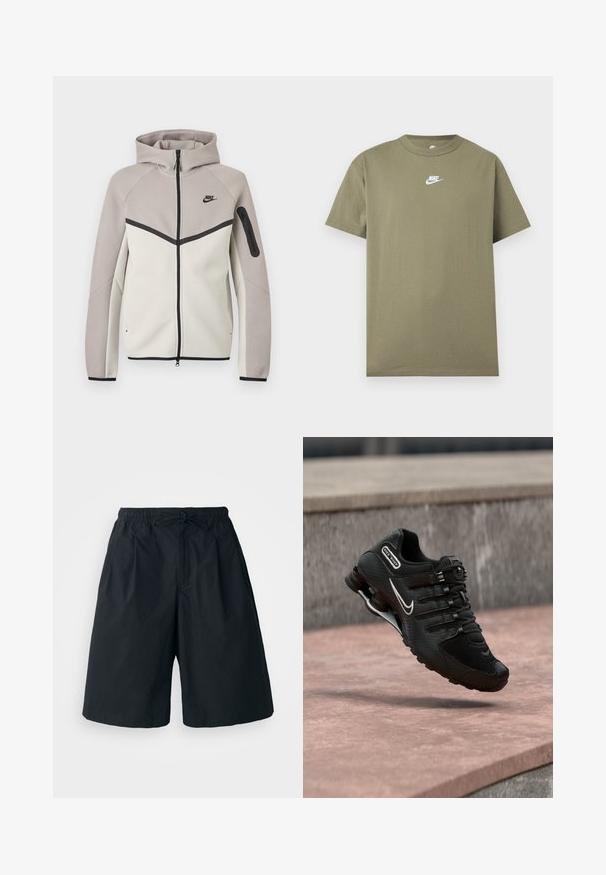 Sudadera con capucha Nike bicolor en beige y gris claro con cremallera, capucha, cremallera negra, bolsillo en la manga y logo Nike negro en el pecho.; Camiseta Nike de manga corta y cuello redondo en verde oliva con logo blanco en el pecho sobre un fondo liso gris claro.; Pantalones cortos negros con cintura elástica y cordón ajustable. Hechos de una tela suave, con un corte holgado y sin patrones visibles.; Zapatilla de running Nike Shox negra con logo Swoosh blanco, en el aire sobre una superficie de hormigón rosada frente a una pared de piedra gris.