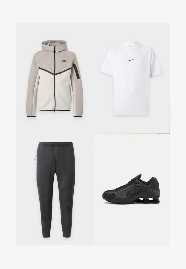 Dvojfarebná béžovo-sivá mikina Nike na zips s kapucňou, čiernym zipsom, vreckom na rukáve a čiernym logom Nike na hrudi.; Biele tričko s krátkym rukávom so čiernym logom Nike swoosh v strede hrudníka a jednoduchým okrúhlym výstrihom.; Tmavošedé jogger nohavice Nike s pásom na šnúrku, zipsovou bočnou vreckom, zúženými nohavicami a rebrovanými manžetami na bielom pozadí.; Čierne bežecké topánky s hladkým syntetickým zvrškom, perforovanými akcentmi, textúrovanými bočnými panelmi a výraznou pružnou podrážkou.
