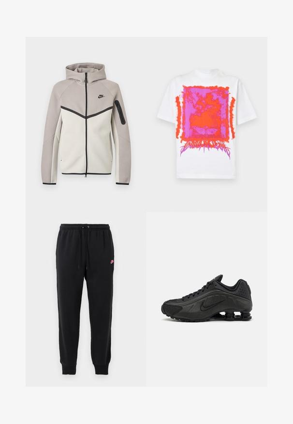Tweekleurige beige en lichtgrijze Nike zip-up hoodie met capuchon, zwarte rits, mouwzakje en zwart Nike-logo op de borst.; Wit T-shirt met korte mouwen met een felroze en oranje abstract rechthoekig grafisch ontwerp en gestileerde tekst onderaan in het midden voorop.; Zwarte sweatpants van zacht materiaal met een elastische tailleband, een verstelbare trekkoord en een klein roze Nike-logo aan de linkerkant.; Zwarte hardloopschoenen met een glad bovenwerk van synthetisch materiaal, geperforeerde accenten, gestructureerde zijpanelen en een opvallende veerkrachtige zool.