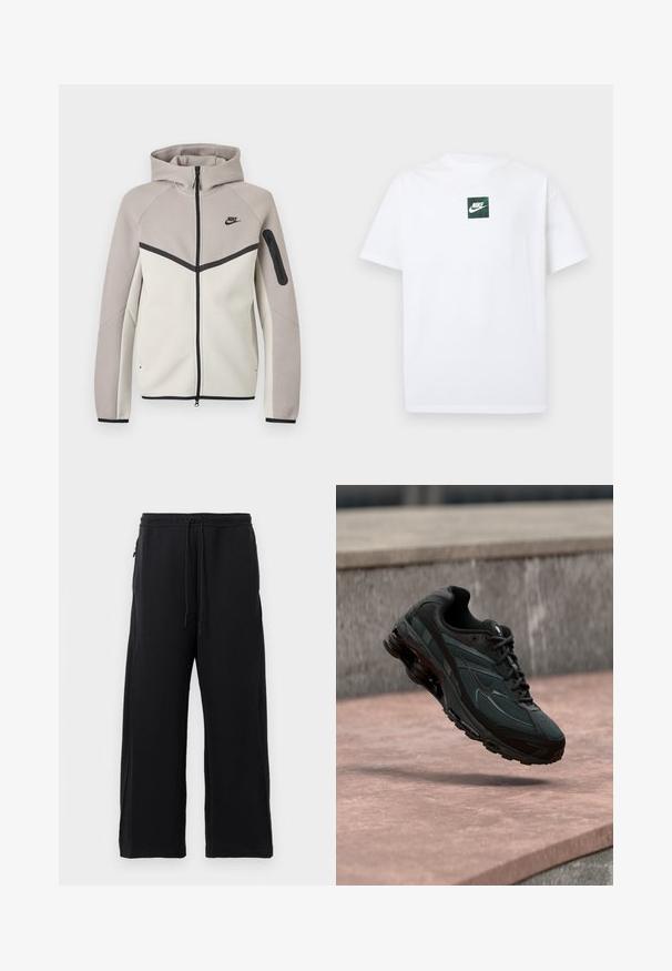 Kahes toonis beež ja helehall Nike lukuga dressipluus kapuutsiga, must lukustus, varrukatasku ja must Nike logo rinnal.; Valge lühikeste varrukatega Nike T-särk, millel on väike roheline ruutlogo, kus on Nike swoosh ja tekst, mis asub rinnal keskel.; Mustad mustad, pehmest kangast, tõmbluku ülesehitusega, laiad jalad ja küljetaskud, mis omavad siledat tekstuuri.; Must sportlik toss nähtava õhkpadi keskmise tallaga, hõljudes roosa kivipinna kohal, mille taustal on hall kivimüür.