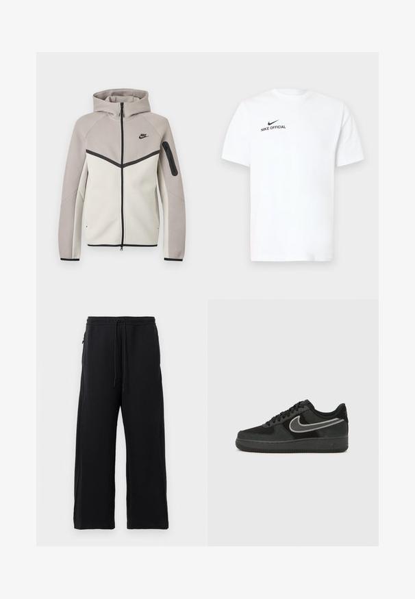 Dvojfarebná béžovo-sivá mikina Nike na zips s kapucňou, čiernym zipsom, vreckom na rukáve a čiernym logom Nike na hrudi.; Biele bavlnené tričko s krátkym rukávom. Na ľavej strane hrudníka je čierne logo "Nike Official" a čierny znak Swoosh.; Čierne tepláky z jemného materiálu, s nastaviteľným pásom, širokým strihom a bočnými vreckami s hladkým povrchom.; Teniska Nike Air Force 1 v čiernej semišovej a koženej verzii, s strieborným znakem Swoosh, okrúhlou špičkou, šnurovacím dizajnom a textúrovanou gumovou podrážkou.