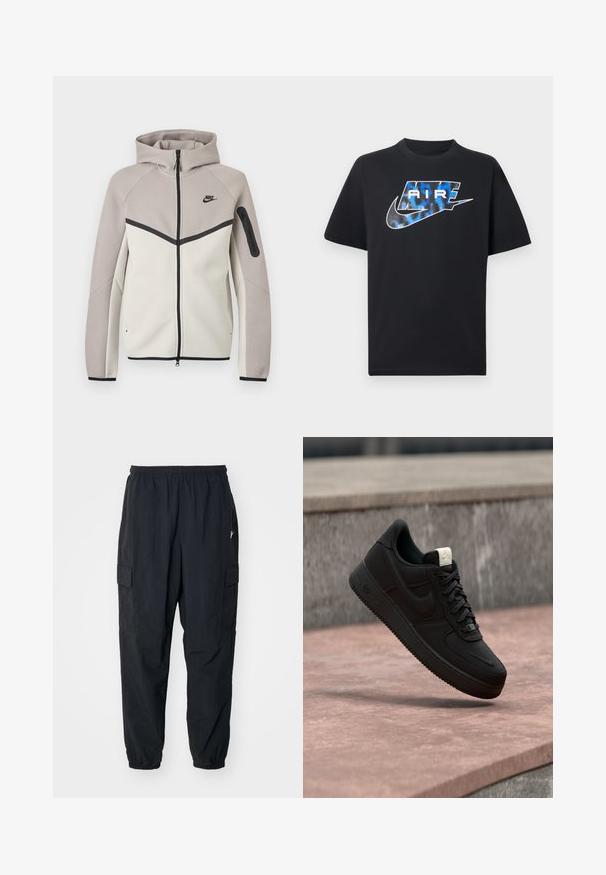 Dvoslojna bež in svetlo siva Nike jopa z zadrgo in kapuco, črna zadrga, žep na rokavu in črn logotip Nike na prsih.; Črna majica s kratkimi rokavi z modrim in belim stiliziranim napisom "AIR" ter logotipom Nike Swoosh na prsih.; Črne cargo hlače, izdelane iz lahkega materiala, z elastičnim pasom, stranskimi žepi in sproščenim krojem z elastičnimi manšetami.; Črn Nike Air Force 1 športni čevelj lebdi nad rožnim betonskim robom z sivim kamnitim ozadjem, prikazuje stranske in zgornje podrobnosti.