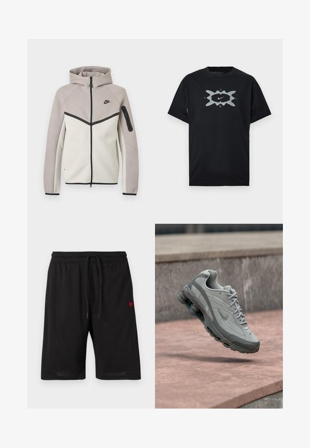Tweekleurige beige en lichtgrijze Nike zip-up hoodie met capuchon, zwarte rits, mouwzakje en zwart Nike-logo op de borst.; Zwart katoenen T-shirt met een centrale zilveren afbeelding met het Nike-logo en een abstracte vorm. Korte mouwen, ronde hals, losse pasvorm.; Zwarte mesh shorts met een elastische tailleband, verstelbaar trekkoord en een klein rood logo aan de linkerzijde. Lichtgewicht en ademend materiaal.; Grijze en witte Nike-sneaker zwevend boven een stenen trede met zichtbare luchtvering en een gestructureerde zool.