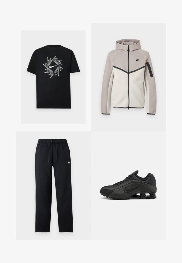 Sudadera con capucha Nike bicolor en beige y gris claro con cremallera, capucha, cremallera negra, bolsillo en la manga y logo Nike negro en el pecho.; Camiseta negra de manga corta con el símbolo blanco de Nike en el centro, rodeado por un diseño circular dinámico con picos.; Pantalones deportivos negros de Nike con cintura elástica, cordón, piernas rectas y pequeño logo blanco en la parte superior del muslo izquierdo.; Zapatillas de running negras con un upper sintético liso, detalles perforados, paneles laterales texturizados y una suela distintiva y elástica.