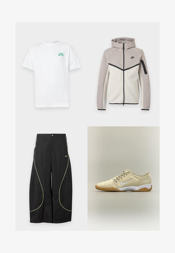 Dvojfarebná béžovo-sivá mikina Nike na zips s kapucňou, čiernym zipsom, vreckom na rukáve a čiernym logom Nike na hrudi.; Biela bavlnená tričko s malým zeleným logom Nike na ľavej hrudi. Krátke rukávy a klasický dizajn s okrúhlym výstrihom. Mäkká textúra.; Čierne nohavice Nike s širokými nohavicami, neónovo zeleným zakriveným lemovaním a malým logom Nike Swoosh na pravej stehne, zapínanie na gombík a zips v páse.; Béžová halová futbalová obuv s bielym logom Nike swoosh, gumovou podrážkou, šnúrkami a textom "total90 III" na päte, zobrazená zboku.