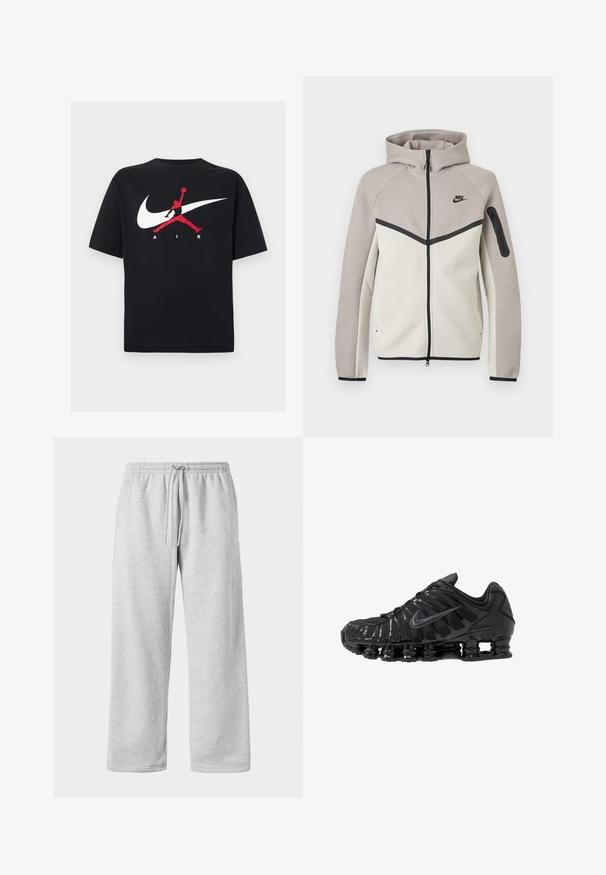 Sweat à capuche zippé bicolore beige et gris clair Nike, avec capuche, fermeture éclair noire, poche sur la manche et logo Nike noir sur la poitrine.; T-shirt en coton noir à col rond, avec un grand logo Nike swoosh blanc et un logo Jumpman rouge accompagné du texte "AIR" en blanc.; Pantalons de survêtement gris clair avec une taille à cordon, fabriqués en un doux mélange de coton, dotés de jambes larges et d'une texture lisse. Pas de poches visibles.; Chaussures de sport noires en mesh et matériaux synthétiques, présentant un design ondulé distinct, une semelle en caoutchouc noire et des accents réfléchissants.