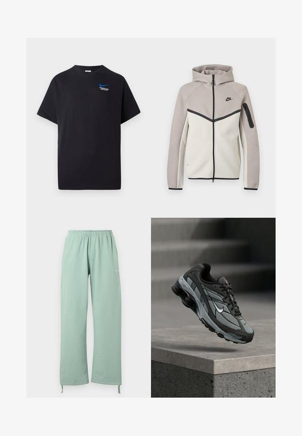 Dvojfarebná béžovo-sivá mikina Nike na zips s kapucňou, čiernym zipsom, vreckom na rukáve a čiernym logom Nike na hrudi.; Čierne tričko s krátkym rukávom, s malým modrým Nike swoosh a bielym textom "ATHLETIC DEPT JUST DO IT." na hornej ľavej strane hrudi.; Svetlozelené široké tepláky s elastickým pásom, logom Nike na ľavej stehne a nastaviteľnými šnúrkami na zakončení nohavíc.; Šedá a čierna športová teniska s panelmi z sieťoviny a hrubou podrážkou, umiestnená vo vzduchu nad betónovým obrubníkom a schodmi v pozadí.