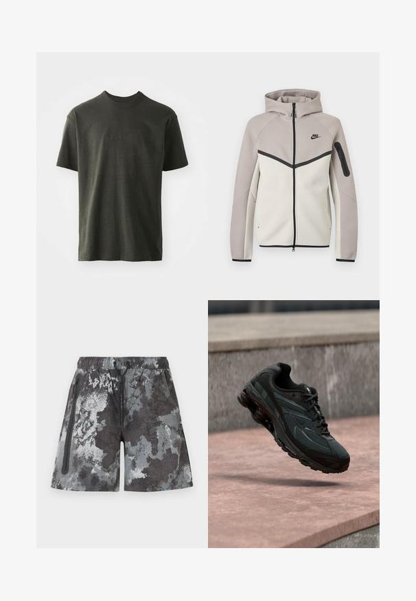 Sudadera con capucha Nike bicolor en beige y gris claro con cremallera, capucha, cremallera negra, bolsillo en la manga y logo Nike negro en el pecho.; Camiseta verde oscura de tela suave, con cuello redondo y mangas cortas. Logo "nike" bordado en un verde ligeramente más oscuro.; Pantalones cortos deportivos para hombre con patrón abstracto de camuflaje en gris y negro, cintura elástica con cordón y bolsillo lateral con cremallera.; Zapatilla deportiva negra con entresuela visible con amortiguación de aire que flota sobre una superficie de piedra rosa con un fondo de pared de piedra gris.
