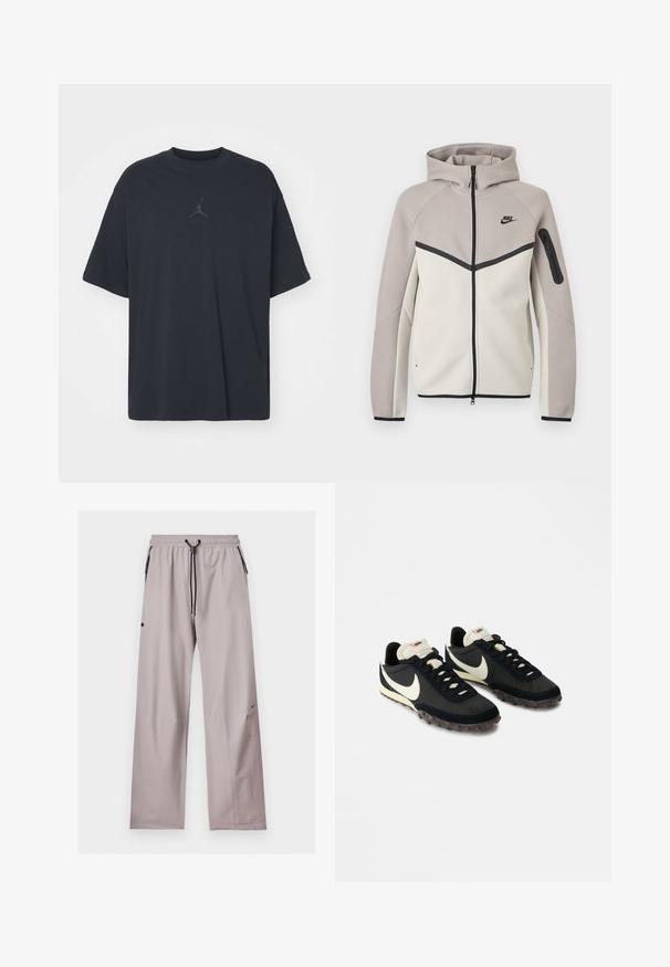 Tweekleurige beige en lichtgrijze Nike zip-up hoodie met capuchon, zwarte rits, mouwzakje en zwart Nike-logo op de borst.; Zwarte katoen T-shirt met een losse pasvorm, ronde hals, korte mouwen, met een subtiele logo en de tekst "AIR" boven het logo in het midden.; Lichtgrijze losse broek met elastische tailleband, zwarte verstelbare trekkoord en zijzakken met zwarte ritsdetails.; Zwarte sportieve schoenen met een gestructureerde bovenkant, witte swoosh-logo en rubberen zool met kleine noppen voor grip. Crèmekleurige kraag.