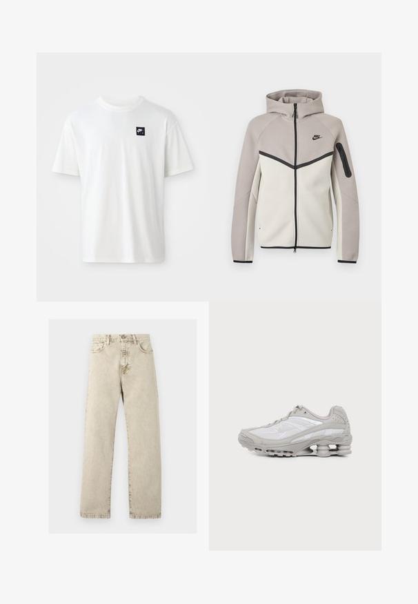 Tweekleurige beige en lichtgrijze Nike zip-up hoodie met capuchon, zwarte rits, mouwzakje en zwart Nike-logo op de borst.; Witte katoenen t-shirt met korte mouwen en een ronde hals; heeft een klein zwart rechthoekig Nike Air logo op de linkerkant van de borst.; Beige denim jeans met een rechte pijp, hoge taille en vijf zakken, met zichtbare stiksels op een lichte achtergrond.; Grijze en witte sportschoen met zichtbare luchtkussenzool en meshpanelen, in profiel weergegeven op een eenvoudige lichte achtergrond.