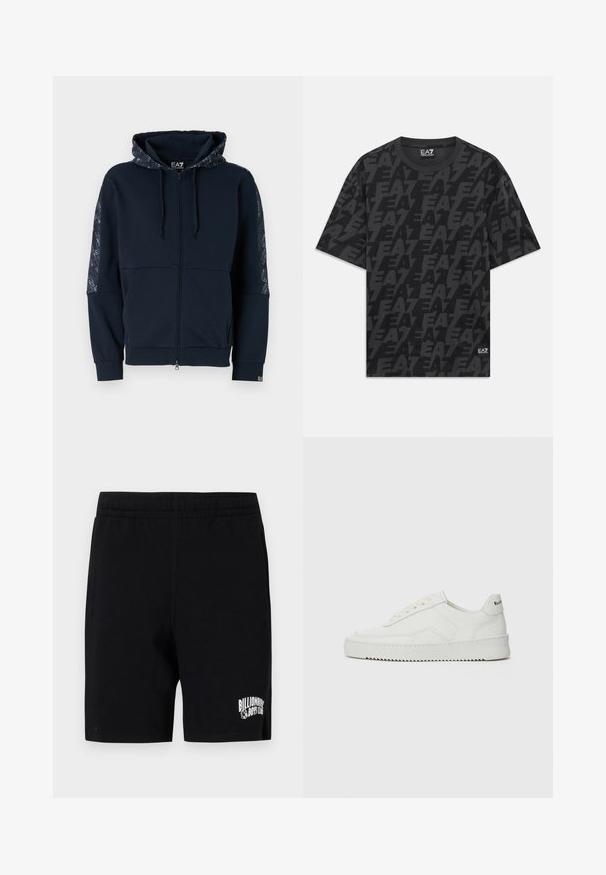Marine blauwe rits-hoodie met een geborduurde capuchon, zwarte accenten, geribbelde manchetten en een zachte textuur. Heeft merkdetails op de mouwen.; Zwarte kortemouw polo met ronde hals, versierd met herhalende donkergrijze "EA7" logo's en een klein EA7 Emporio Armani label aan de zoom.; Zwarte shorts van een zachte katoenmix met een elastische tailleband, voorzien van een wit logo op het linkerpootje en zijzakken.; Witte leren sneaker met een gladde afwerking, ronde neus, platte veters en een gestructureerde zool. Kenmerkt zich door een subtiel logo op de hiel.