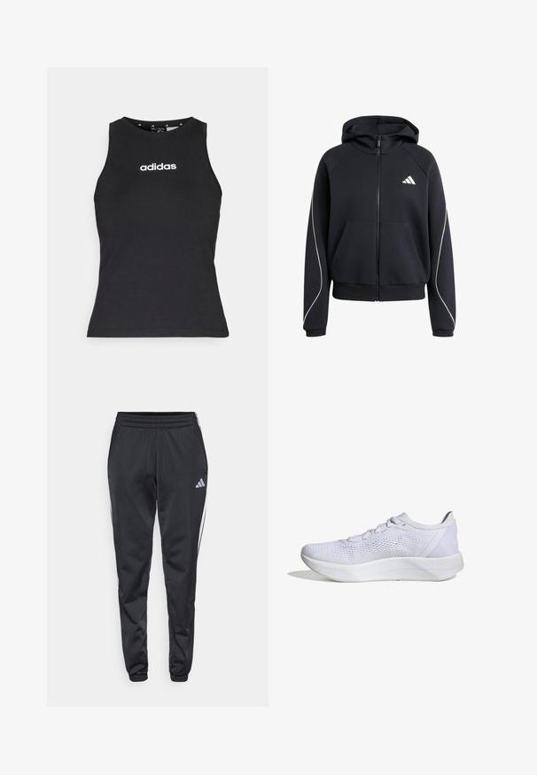 Zwarte hoodie met rits, voorzakken, elastische manchetten, witte bies op de mouwen en een klein wit Adidas-logo op de borst.; Zwart mouwloos topje van katoen, met een ronde halslijn en wit "adidas" logo gecentreerd op de borst. Gladde textuur, reguliere pasvorm.; Zwarte sportieve broek met een elastische tailleband, taps toelopende benen en witte zijkanten. Voorzien van een klein grijs trefoil-logo op de linker bovenbeen.; Witte sportieve schoen met een ademend mesh bovenwerk, vetersluiting, gevoerde kraag en een gestructureerde rubberen zool voor grip.