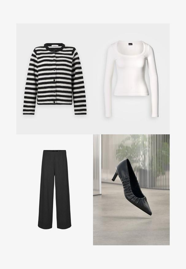 Cardigan rayé horizontal noir et blanc, à boutons, avec des manches longues et un col rond, posé à plat sur un fond blanc.; Haut blanc à manches longues avec un col arrondi. Confectionné en tissu côtelé, il présente une coupe ajustée et une texture lisse avec une finition sans coutures.; Pantalons larges noirs à rayures verticales blanches, présentant une coupe ajustée et une texture lisse. Pas de poches ni de matériel visible.; Escarpin en cuir noir à talon haut avec bout pointu et texture froncée sur la tige. Finition lisse ; hauteur de talon modérée.