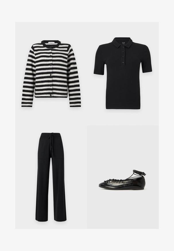 Cardigan rayé horizontal noir et blanc, à boutons, avec des manches longues et un col rond, posé à plat sur un fond blanc.; Polo noir à manches courtes côtelé avec quatre boutons et un col plié, posé à plat sur un fond blanc.; Pantalon noir à jambes larges avec taille élastique et cordon de serrage à l'avant, doté de deux poches plaquées à l'avant.; Ballerines en cuir verni noir avec un bout rond, un design à lacets et une semelle plate. Texture lisse avec peu de détails.