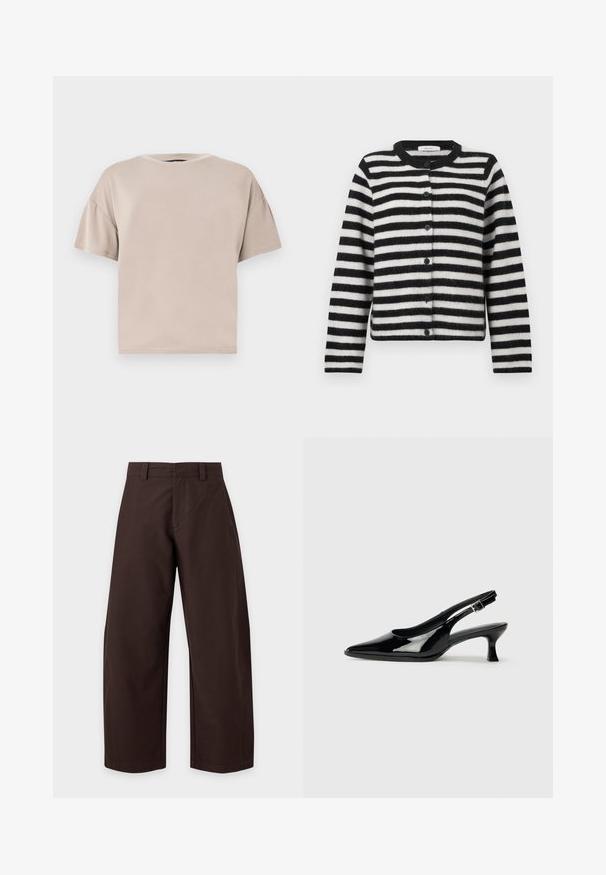 Cardigan rayé horizontal noir et blanc, à boutons, avec des manches longues et un col rond, posé à plat sur un fond blanc.; T-shirt beige en coton, à manches courtes, oversize, avec col rond et ourlet droit, sur un fond clair uni.; Pantalon large marron foncé avec passants de ceinture et détails de couture avant, présenté sur un fond clair uni.; Escarpins en cuir verni noir avec un bout pointu et un petit talon carré. Sangle réglable à la cheville avec boucle.