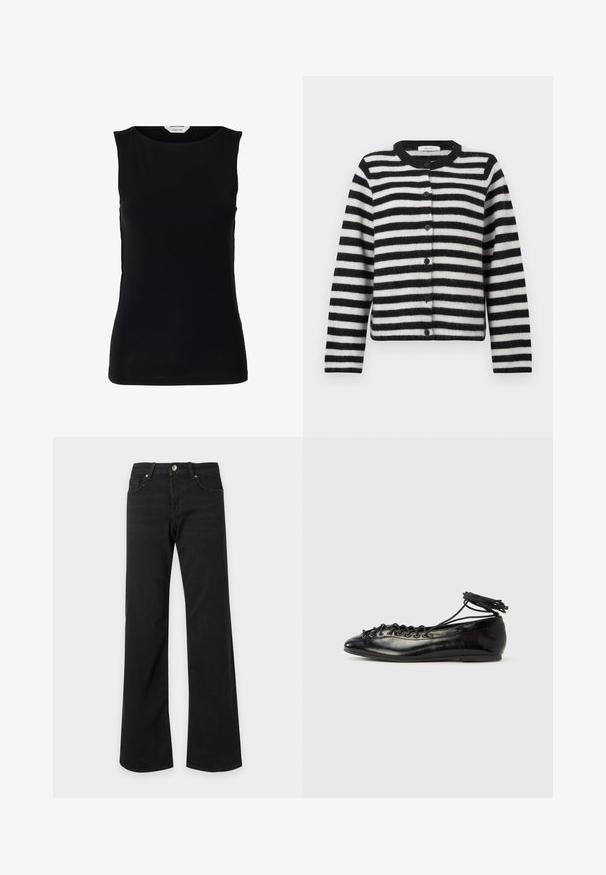Cardigan rayé horizontal noir et blanc, à boutons, avec des manches longues et un col rond, posé à plat sur un fond blanc.; Haut noir sans manches, cintré, avec encolure ronde et étiquette de marque blanche à l'intérieur du col.; Jean noir taille haute avec jambes droites et larges, poches avant, passants de ceinture et fermeture par bouton métallique sur fond blanc.; Ballerines en cuir verni noir avec un bout rond, un design à lacets et une semelle plate. Texture lisse avec peu de détails.