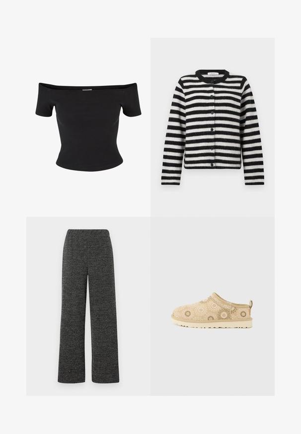 Zwart-wit horizontaal gestreepte knopen-up cardigan met lange mouwen en ronde halslijn plat gelegd op een witte achtergrond.; Zwart off-shoulder top gemaakt van ribfluweel, met korte mouwen en een aansluitend design, met een soepele textuur en strakke lijnen.; Wijd-uitlopende broek in zwart en grijs textuurstof, met een elastische tailleband voor comfort. Geen zichtbare zakken of sluitingen.; Beige instapper met bloemrijke borduring in roze, wit en groen, voorzien van een gestructureerde zool en een trekbandje bij de hiel.