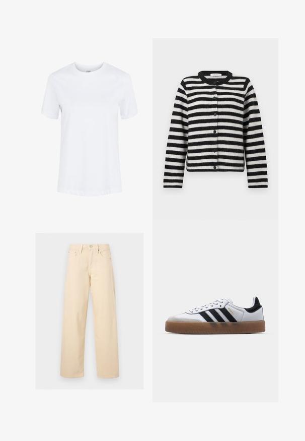 Cárdigan de botones a rayas horizontales en blanco y negro, con mangas largas y cuello redondo, dispuesto plano sobre un fondo blanco.; Camiseta de algodón blanca lisa de manga corta con cuello redondo y dobladillos de las mangas doblados, mostrada sobre un fondo blanco liso.; Pantalones beige de pierna recta con botón y cremallera delanteros, trabillas para cinturón y diseño de cinco bolsillos sobre un fondo liso y claro.; Zapatillas de cuero blancas con rayas negras, suela de goma, puntera redonda, cierre de cordones y caperuza de ante gris suave.