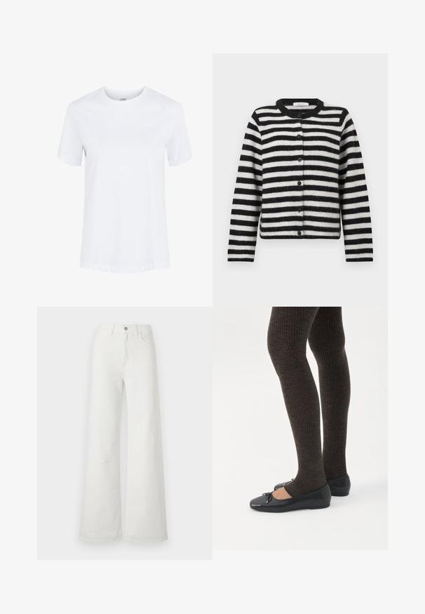 Cárdigan de botones a rayas horizontales en blanco y negro, con mangas largas y cuello redondo, dispuesto plano sobre un fondo blanco.; Camiseta de algodón blanca lisa de manga corta con cuello redondo y dobladillos de las mangas doblados, mostrada sobre un fondo blanco liso.; Vaqueros de mezclilla blancos de pierna ancha con botón delantero y bolsillos, exhibidos sobre un fondo claro y liso.; Piernas con leggings oscuros acanalados combinados con bailarinas negras que presentan pequeños detalles de lazo sobre un fondo blanco.
