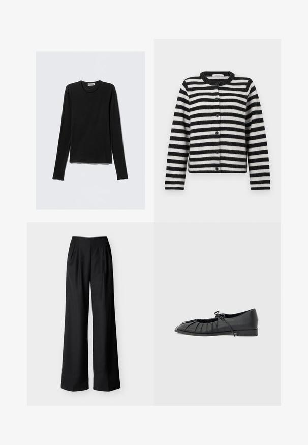 Cardigan rayé horizontal noir et blanc, à boutons, avec des manches longues et un col rond, posé à plat sur un fond blanc.; Chemise noire à manches longues en tissu doux. Elle présente un col rond et des poignets légèrement effilochés, avec une coupe décontractée et un design minimaliste.; Pantalon noir taille haute à jambes larges avec plis avant et poches latérales, présenté sur un fond clair uni.; Chaussure plate noire avec design plissé à l'avant et un nœud noué sur le dessus, petit talon, et texture lisse sur un fond gris clair.