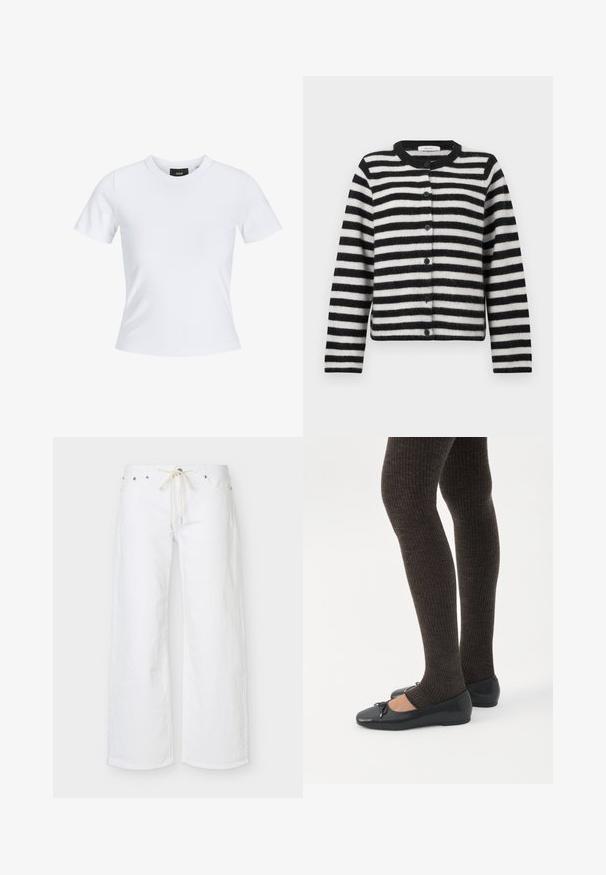 Sort og hvidt vandret stribet knap-op cardigan med lange ærmer og rund halsudskæring, lagt fladt på en hvid baggrund.; Hvid tætsiddende t-shirt med korte ærmer, rund halsudskæring og et lille sort mærke indeni kraven.; Hvide bukser med vide ben og forlommer samt en beige snor i taljen, vist på en ensfarvet baggrund.; Ben iført mørke ribbede leggings kombineret med sorte balletsko med små sløjfedetaljer på hvid baggrund.