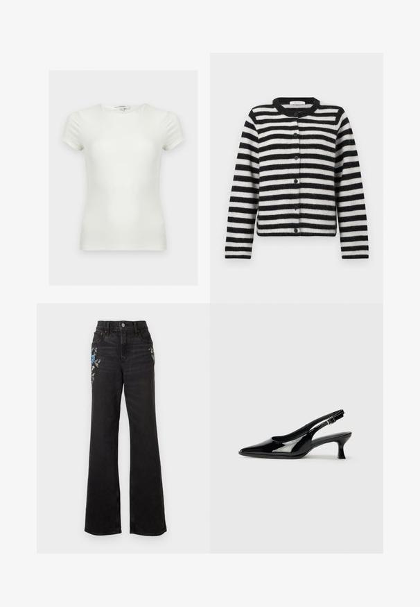 Cardigan rayé horizontal noir et blanc, à boutons, avec des manches longues et un col rond, posé à plat sur un fond blanc.; T-shirt ajusté blanc uni à manches courtes avec encolure ronde, présenté sur un fond neutre.; Jeans noirs taille haute à jambes larges avec des motifs floraux brodés bleus et blancs sur le haut des cuisses et un style à cinq poches.; Escarpins en cuir verni noir avec un bout pointu et un petit talon carré. Sangle réglable à la cheville avec boucle.
