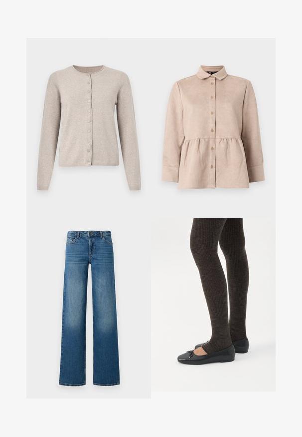 Beige vest gemaakt van zachte gebreide stof, met een ronde hals, lange mouwen en een knoopsluiting aan de voorkant met acht bijpassende knopen.; Beige suède shirt met een kraag, knoopsluiting aan de voorkant en een peplum taille. Heeft lange mouwen en een gladde textuur met kleine knopen.; Wijde blauwe jeans met een vervaagd effect, vijf zakken en een knoopsluiting. Gemaakt van denim met een gladde, stevige textuur.; Benen met donkere geribbelde leggings gecombineerd met zwarte ballerina's met kleine strikdetails op een witte achtergrond.