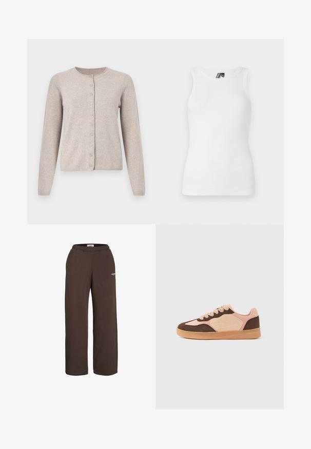 Beige vest gemaakt van zachte gebreide stof, met een ronde hals, lange mouwen en een knoopsluiting aan de voorkant met acht bijpassende knopen.; Witte geribde tanktop met een ronde halslijn en mouwloos design, gemaakt van een zachte katoenmix met een getailleerd silhouet.; Bruine sweatpants met wijde pijpen, elastische tailleband en een klein wit tekstlogo op het bovenbeen, tegen een witte achtergrond.; Casual sneaker met lichtbeige, zachtroze en donkergroene suède panelen, vetersluiting en een profielzool van gumrubber tegen een effen achtergrond.