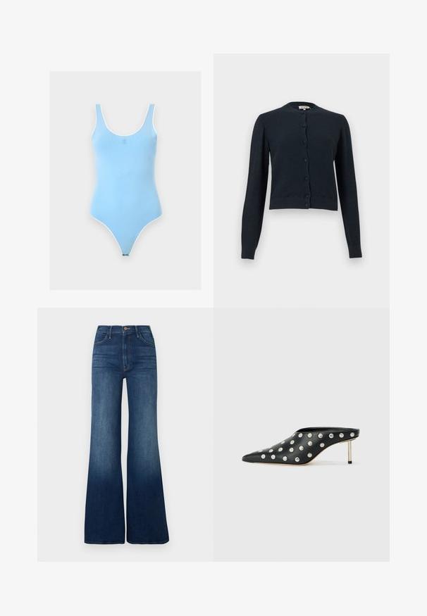 Cardigan en maille bleu marine foncé à manches longues, avec un col rond et des boutons recouverts sur le devant.; Body sans manches bleu clair avec encolure dégagée et bordure blanche, avec un petit logo centré sur la poitrine.; Jeans en denim bleu foncé à coupe évasée avec une taille haute. Présente un léger délavage et un design classique à cinq poches. Fermeture à boutons à l'avant.; STAND STUDIO KELSEY - Mules à talons - black
