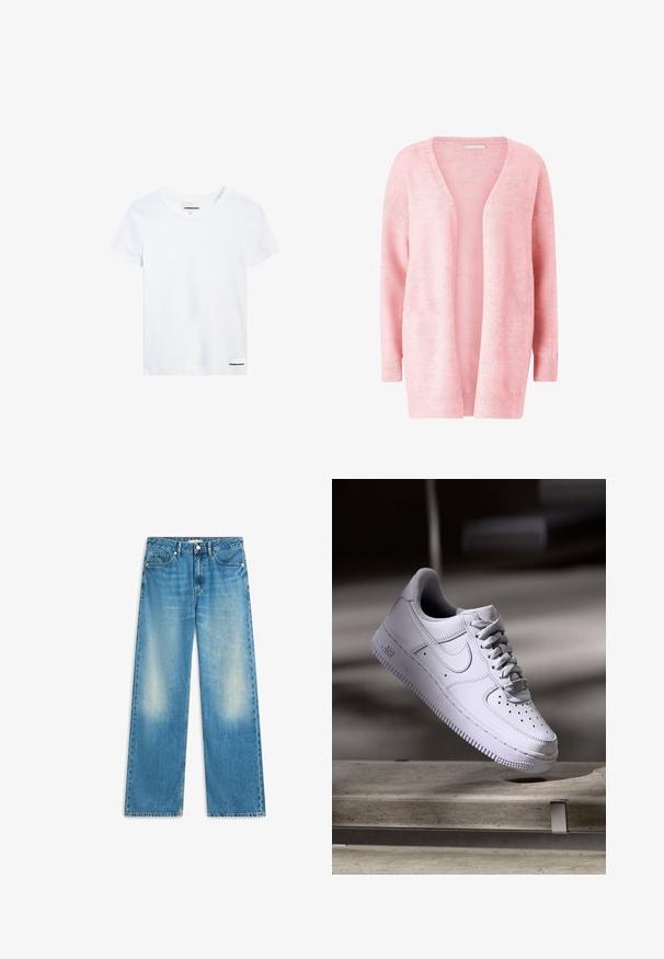 Lichtroze vest gemaakt van zachte gebreide stof. Heeft een V-hals, een open voorkant en lange mouwen met geribbelde boorden en zoom.; Witte katoenen t-shirt met korte mouwen, een ronde halslijn en een klein zwart logo label aan de onderzijde links. Soepele textuur, standaard pasvorm.; Wijde jeans van lichtblauw denim, met een uitgebleekte wassing, vijf zakken en een knoopsluiting in de tailleband. Rauwe zoom.; Witte Nike Air Force 1 sneaker die zweeft boven een betonnen oppervlak met schaduwen in een minimalistische setting.