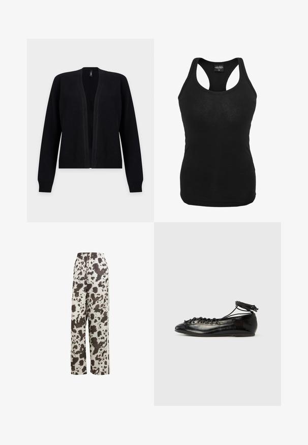 Sort åben-front cardigan med lange ærmer og ribstrikkede manchetter og kant, vist på en ensfarvet lys baggrund.; Sort tanktop lavet af blødt stof, med racerback-design og tætsiddende form. Glat overflade uden synlige mønstre eller hardware.; adidas Originals COW PRINT SATIN WIDE LEG - Træningsbukser - multicolor off white; Sorte balletflade sko i laklæder med rundet tå, snørelukning og flad sål. Glat tekstur med få detaljer.