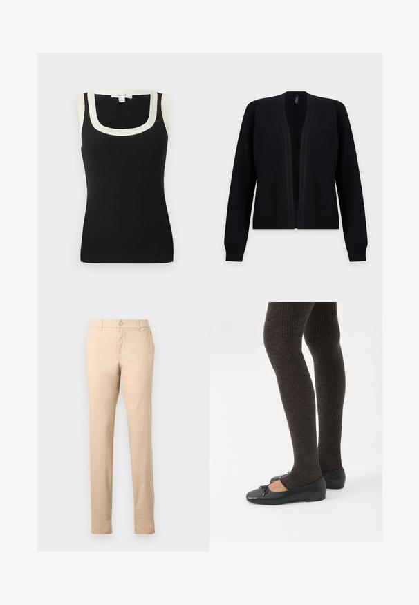 Cárdigan negro abierto por delante con mangas largas y puños y bajo acanalados, mostrado sobre un fondo claro y liso.; Camiseta sin mangas de canalé negra con escote cuadrado amplio y ribete blanco alrededor del cuello y las sisas.; Pantalones ajustados beige con trabillas para cinturón, cierre frontal con botón y bolsillos laterales, exhibidos sobre un fondo claro y liso.; Piernas con leggings oscuros acanalados combinados con bailarinas negras que presentan pequeños detalles de lazo sobre un fondo blanco.