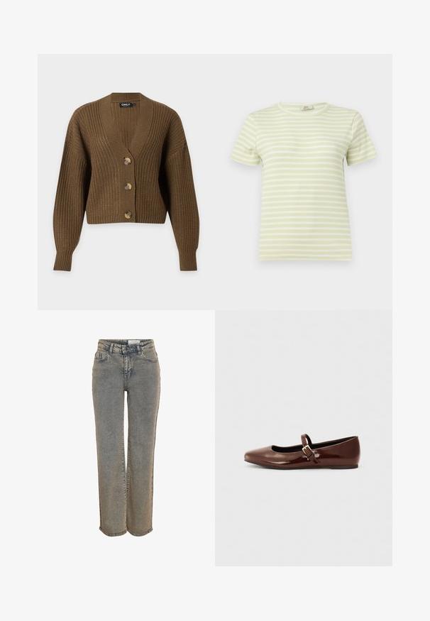 Brun chunky strikket cardigan med lange ærmer, tre store knapper og en V-hals krave, vist på en ensfarvet lys baggrund.; Lysegrøn og hvid kortærmet ribstrikket T-shirt med vandrette striber og rund halsudskæring på ensfarvet baggrund.; Gråvasket denimjeans med lige ben, forlommer, bæltestropper og lukning med knap og lynlås i taljen.; Brun patentlæder balletflade med firkantet tå og strop med en lille guldbuckle. Glat tekstur, lav hæl og minimalistisk design.