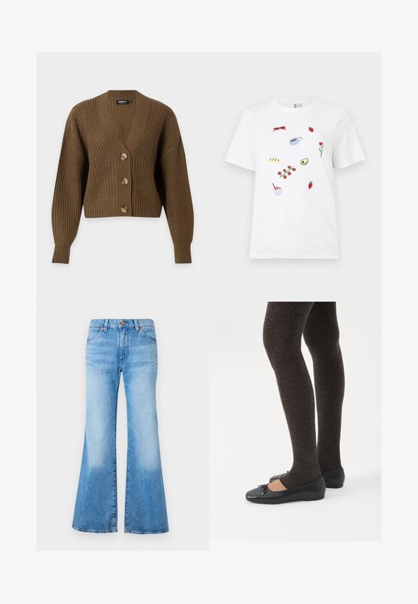 Cardigan marron en grosse maille avec manches longues, trois gros boutons et col en V, présenté sur un fond clair uni.; T-shirt blanc avec de petits motifs brodés de lunettes de soleil rouges, fraises, une tasse de café, pain, une grappe de tomates, une moitié d'avocat, fleur et bol à dessert.; Jean évasé bleu clair à taille haute, en denim. Comprend deux poches avant et des accents en métal sur les boutons. Texture délavée sur le tissu.; Jambes portant des leggings côtelés foncés associés à des ballerines noires avec de petits détails en nœud sur fond blanc.