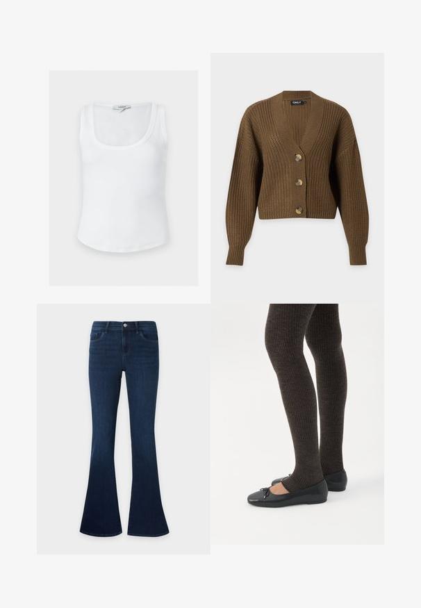 Cardigan marron en grosse maille avec manches longues, trois gros boutons et col en V, présenté sur un fond clair uni.; Débardeur blanc côtelé sans manches avec encolure dégagée et étiquette Topshop à l'arrière du col intérieur, présenté sur un fond uni.; Jean en denim bleu foncé avec une taille haute et des jambes évasées, avec poches avant, passants de ceinture et fermeture par bouton.; Jambes portant des leggings côtelés foncés associés à des ballerines noires avec de petits détails en nœud sur fond blanc.