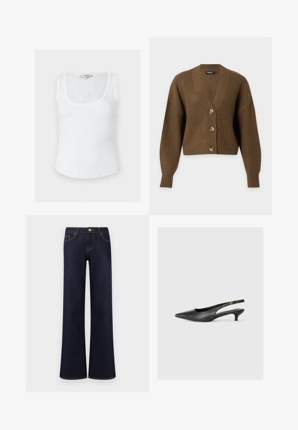 Cardigan marron en grosse maille avec manches longues, trois gros boutons et col en V, présenté sur un fond clair uni.; Débardeur blanc côtelé sans manches avec encolure dégagée et étiquette Topshop à l'arrière du col intérieur, présenté sur un fond uni.; Jean en denim bleu foncé à jambes larges avec poches avant, fermeture par bouton et fermeture éclair, et coutures contrastantes visibles.; Chaussure slingback noire à bout pointu en cuir lisse. Présente un talon fin et un détail de boucle sur la sangle réglable.