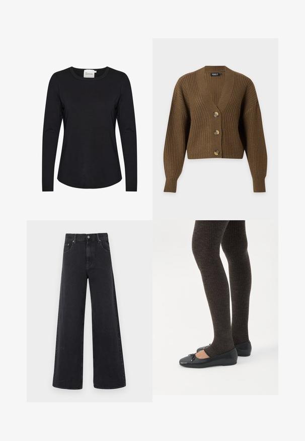 Cárdigan marrón de punto grueso con mangas largas, tres botones grandes y cuello en V, mostrado sobre un fondo claro y liso.; Top negro ajustado de manga larga con escote redondo y etiqueta visible que dice "My Essential Wardrobe" sobre fondo blanco.; Vaqueros negros de denim de tiro alto y pernera ancha, con cierre frontal de botones y cremallera, trabillas para cinturón y diseño de cinco bolsillos.; Piernas con leggings oscuros acanalados combinados con bailarinas negras que presentan pequeños detalles de lazo sobre un fondo blanco.