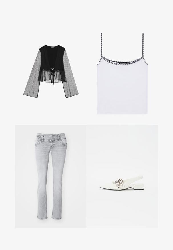 Sort cropped bluse med gennemsigtige ærmer i polkaprikker og bindebånd i taljen. Dette design har en V-hals og udvidede ærmer.; Hvid top lavet af blød stof, med smalle spaghetti-stropper og et ternet sort og hvidt kantbånd langs udskæringen.; Grå denim jeans med slim fit, der har to-knaps lukning, forlommer og let slidte kanter. Blød tekstur, lige ben-design.; Hvide læder slingback sko med spids tå, sølv spænde detaljer og en lav blokhæl. Glat tekstur med minimal dekoration.