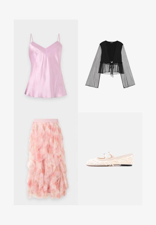 Blouse noire cropped avec des manches en maillage transparent à pois et un lien à nouer à la taille. Ce modèle présente un col en V et des manches évasées.; Camisole en satin rose clair avec fines bretelles spaghetti réglables et un léger décolleté en V, présenté sur un fond blanc uni.; Jupe midi en tulle rose à couches avec motif floral et taille élastique, présentant des textures douces et volantées.; Chaussure plate de couleur crème avec deux brides, ornée de petits nœuds, et une semelle noire sur un fond blanc uni.