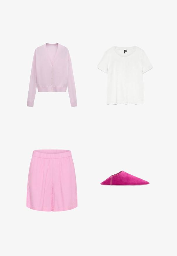 Lyserød cardigan med lange ærmer, V-udskæring og fem knapper foran, med tætsiddende kant og manchetter.; Hvid kortærmet t-shirt med rund halsudskæring, lavet af letvægtsstof. Enkel design, glat tekstur og lige kant.; Lyserøde bomulds shorts med elastisk talje, som har en afslappet pasform og en glat tekstur, velegnede til afslappet brug.; Lyserød spids tøffel lavet af blødt ruskindsmateriale, set fra siden på en hvid baggrund.