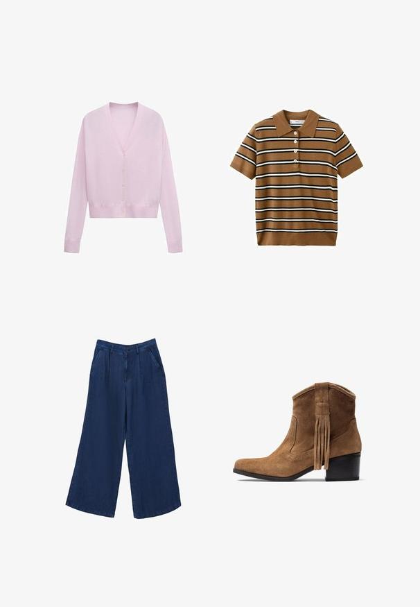 Cardigan rose clair à manches longues avec col en V et cinq boutons sur le devant, doté d'un ourlet et de poignets ajustés.; Polo marron à manches courtes avec des rayures horizontales noires et blanches et quatre boutons blancs sur le devant.; Pantalons en denim à jambes larges de couleur bleu foncé. Comprend deux poches avant, une fermeture à bouton et une texture lisse en tissu léger.; Bottine en daim marron clair avec un bout pointu, un talon empilé noir et des accents à franges à l'arrière. Texture lisse sur toute la surface.